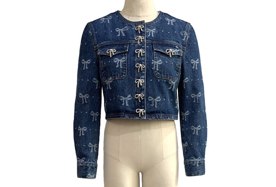 All Over Bow Print Stilvolle Jeans Jacke Spielerische und weibliche Jacke