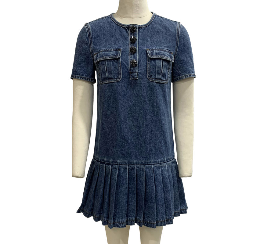 Klassischer Crew-Hals und kurze Ärmel Denim-Kleid für einen zeitlosen Look